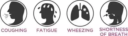 cough, fatique, wheezing, shortness of breath